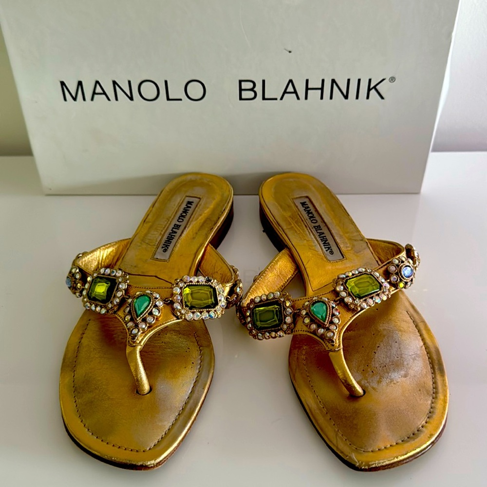 Gold jeweled cesabi flat thong sandal Manolo Blahnick 36